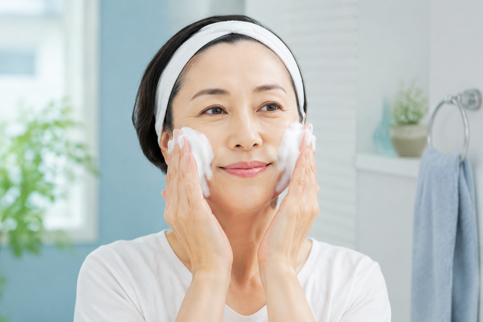 家庭の洗面室で泡を使い、やさしく洗顔する40代女性