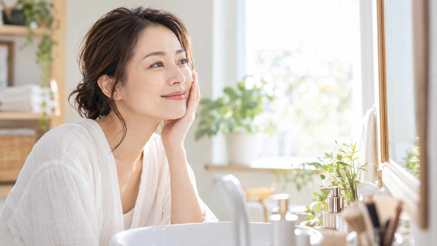 朝の光の中、鏡を見ながら頬の肌に触れる女性